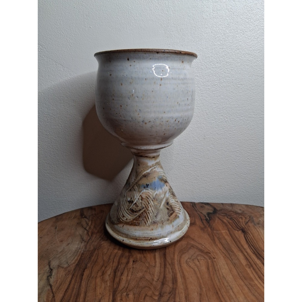 Handmade Studio Pottery Stoneware Chalice Sgraffito Pedestal Goblet Cream Brown